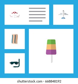 Flat Icon Beach Set Of Aircraft, Scuba Diving, Sundae And Other Vector Objects. Also Includes Ice, Diving, Swimmer Elements.