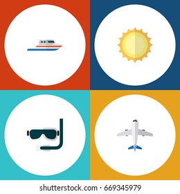 Flat Icon Beach Set Of Aircraft, Sunshine, Boat And Other Vector Objects. Also Includes Swimmer, Sun, Aircraft Elements.