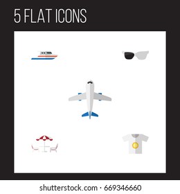 Flat Icon Beach Set Of Aircraft, Spectacles, Recliner And Other Vector Objects. Also Includes Yacht, Shirt, Eyeglasses Elements.