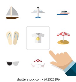 Flat Icon Beach Set Of Aircraft, Spectacles, Clothes And Other Vector Objects. Also Includes Sun, Plane, Spectacles Elements.
