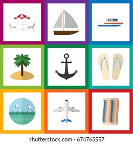 Flat Icon Beach Set Of Aircraft, Ocean, Recliner And Other Vector Objects. Also Includes Bird, Recliner, Aircraft Elements.
