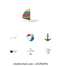 Flat Icon Beach Set Of Aircraft, Deck Chair, Ship Hook And Other Vector Objects. Also Includes Surfing, Sea, Shirt Elements.