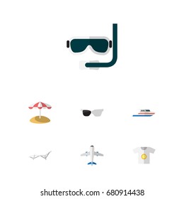 Flat Icon Beach Set Of Aircraft, Clothes, Deck Chair And Other Vector Objects. Also Includes Plane, Shirt, Umbrella Elements.