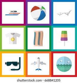 Flat Icon Beach Set Of Boat, Ocean, Deck Chair And Other Vector Objects. Also Includes Sun, Round, Sphere Elements.