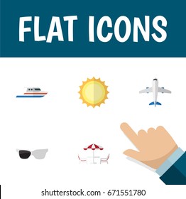 Flat Icon Beach Set Of Boat, Recliner, Spectacles And Other Vector Objects. Also Includes Recliner, Aircraft, Craft Elements.