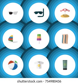 Flat Icon Beach Set Of Clothes, Surfing, Sphere And Other Vector Objects. Also Includes Ball, Eyeglasses, Ice Elements.