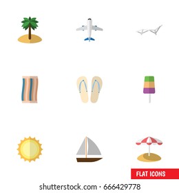 Flat Icon Beach Set Of Coconut, Parasol, Wiper And Other Vector Objects. Also Includes Plane, Craft, Chaise Elements.