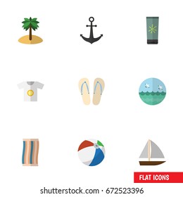 Flat Icon Beach Set Of Coconut, Ship Hook, Yacht And Other Vector Objects. Also Includes Anchor, Ball, Island Elements.