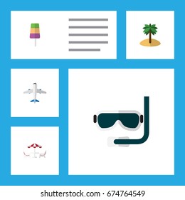 Flat Icon Beach Set Of Coconut, Recliner, Sundae And Other Vector Objects. Also Includes Recliner, Diving, Swimmer Elements.