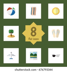 Flat Icon Beach Set Of Coconut, Aircraft, Reminders And Other Vector Objects. Also Includes Pictures, Island, Craft Elements.