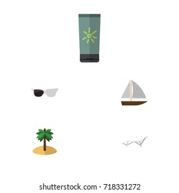Flat Icon Beach Set Of Deck Chair, Spectacles, Coconut And Other Vector Objects. Also Includes Eyeglasses, Cream, Moisturizer Elements.