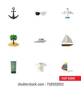 Flat Icon Beach Set Of Moisturizer, Surfing, Clothes And Other Vector Objects. Also Includes Yacht, Spectacles, Eyeglasses Elements.