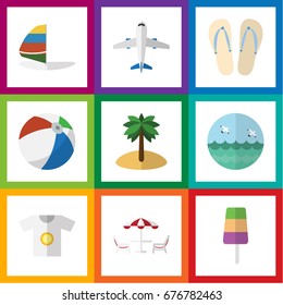 Flat Icon Beach Set Of Ocean, Surfing, Sphere And Other Vector Objects. Also Includes Sandals, Craft, Ice Elements.