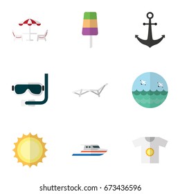 Flat Icon Beach Set Of Recliner, Clothes, Ocean And Other Vector Objects. Also Includes Beach, Recliner, Sunshine Elements.
