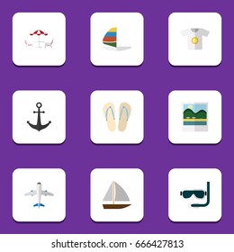 Flat Icon Beach Set Of Reminders, Yacht, Aircraft And Other Vector Objects. Also Includes Sandals, Clothes, Foto Elements.