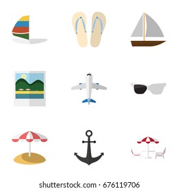Flat Icon Beach Set Of Beach Sandals , Reminders, Yacht Vector Objects. Also Includes Beach, Umbrella, Parasol Elements.