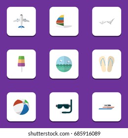 Flat Icon Beach Set Of Scuba Diving, Surfing, Boat And Other Vector Objects. Also Includes Bird, Surfing, Round Elements.
