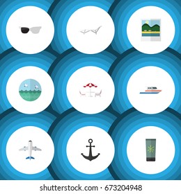 Flat Icon Beach Set Of Spectacles, Ship Hook, Aircraft And Other Vector Objects. Also Includes Anchor, Table, Sunglasses Elements.