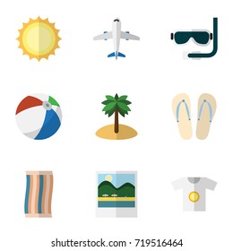 Flat Icon Beach Set Of Sphere, Aircraft, Sunshine And Other Vector Objects. Also Includes Reminders, Aqualung, Sunrise Elements.
