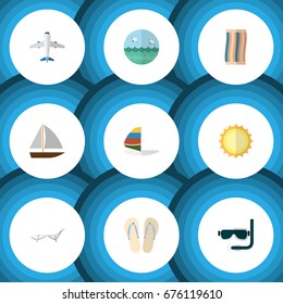Flat Icon Beach Set Of Sunshine, Yacht, Wiper And Other Vector Objects. Also Includes Aircraft, Surfing, Towel Elements.