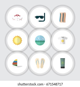 Flat Icon Beach Set Of Surfing, Recliner, Wiper And Other Vector Objects. Also Includes Aqualung, Sandals, Swimmer Elements.