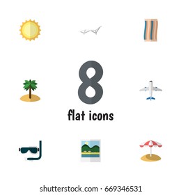 Flat Icon Beach Set Of Wiper, Reminders, Aircraft And Other Vector Objects. Also Includes Coconut, Pictures, Plane Elements.