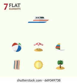 Flat Icon Beach Set Of Wiper, Sphere, Parasol And Other Vector Objects. Also Includes Surfing, Yacht, Sailboard Elements.