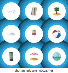 Flat Icon Beach Set Of Wiper, Deck Chair, Ocean And Other Vector Objects. Also Includes Cloth, Ball, Sundae Elements.