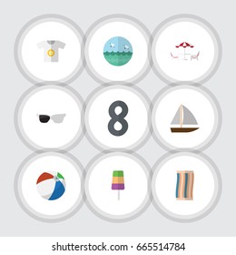 Flat Icon Beach Set Of Yacht, Ocean, Spectacles And Other Vector Objects. Also Includes Sea, Sunglasses, Shirt Elements.