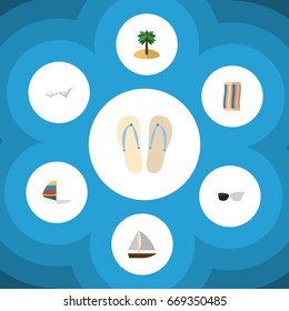 Flat Icon Beach Set Of Yacht , Deck Chair, Beach Sandals Vector Objects. Also Includes Sailboard, Surfing, Boat Elements.