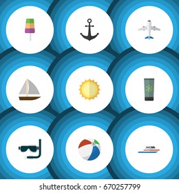 Flat Icon Beach Set Of Yacht, Sphere, Sunshine And Other Vector Objects. Also Includes Sun, Ice, Plane Elements.