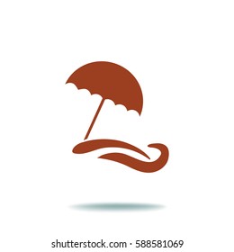 Flat icon. Beach umbrella. Sand and wave. Relax on the beach.