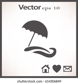 Flat icon. Beach umbrella. Sand and wave. Relax on the beach.