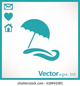 Flat icon. Beach umbrella. Sand and wave. Relax on the beach.
