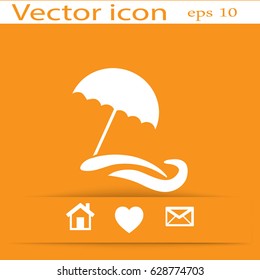 Flat icon. Beach umbrella. Sand and wave. Relax on the beach.