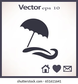 Flat icon. Beach umbrella. Sand and wave. Relax on the beach.