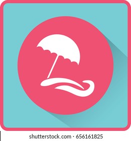 Flat icon. Beach umbrella. Sand and wave. Relax on the beach.