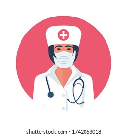 Icono plano hermosa enfermera con máscara protectora. Concepto de cuarentena. Doctora con uniforme médico blanco y estetoscopio. Diseño de ilustración vectorial. Medidas preventivas. Caricatura de personajes.