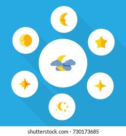 Flat Icon Bedtime Set Of Asterisk, Star, Bedtime And Other Vector Objects. Also Includes Lunar, Crescent, Cloud Elements.