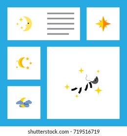 Flat Icon Bedtime Set Of Nighttime, Asterisk, Night And Other Vector Objects. Also Includes Night, Cloud, Sky Elements.