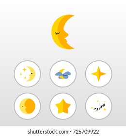 Flat Icon Bedtime Set Of Star, Midnight, Night And Other Vector Objects. Also Includes Asterisk, Midnight, Cloud Elements.
