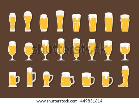 Flat icon beer with foam in beer mugs and glasses