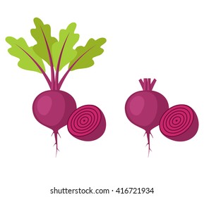 Flat icon beet with leaves and half of beet and beet without leaves and with half of beet. Vector illustration.