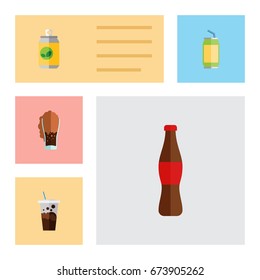 Flat Icon Beverage Set Of Cola, Soda, Carbonated And Other Vector Objects. Also Includes Soda, Drink, Bottle Elements.
