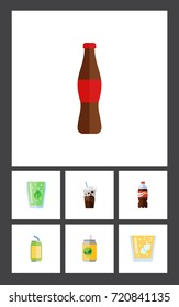 Flat Icon Beverage Set Of Drink, Carbonated, Juice And Other Vector Objects. Also Includes Fizzy, Soda, Lemonade Elements.