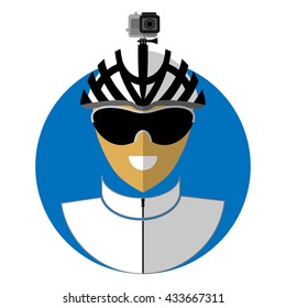 Flat icon of the bicyclist shooting on action camera. Symbol of an active type of rest.