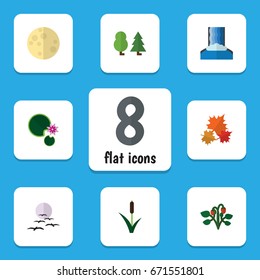 Flat Icon Bio Set Of Berry, Forest, Lotus And Other Vector Objects. Also Includes Water, Grass, Cattail Elements.