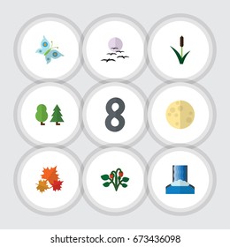 Flat Icon Bio Set Of Cascade, Canadian, Monarch And Other Vector Objects. Also Includes Waterfall, Forest, Grass Elements.