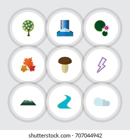 Flat Icon Bio Set Of Cascade, Tree, Lotus And Other Vector Objects. Also Includes Lotus, Leaf, Tributary Elements.