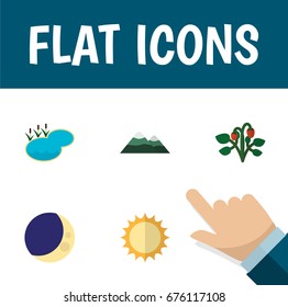 Flat Icon Bio Set Of Half Moon, Solar, Peak And Other Vector Objects. Also Includes Sunshine, Mountain, Strawberry Elements.